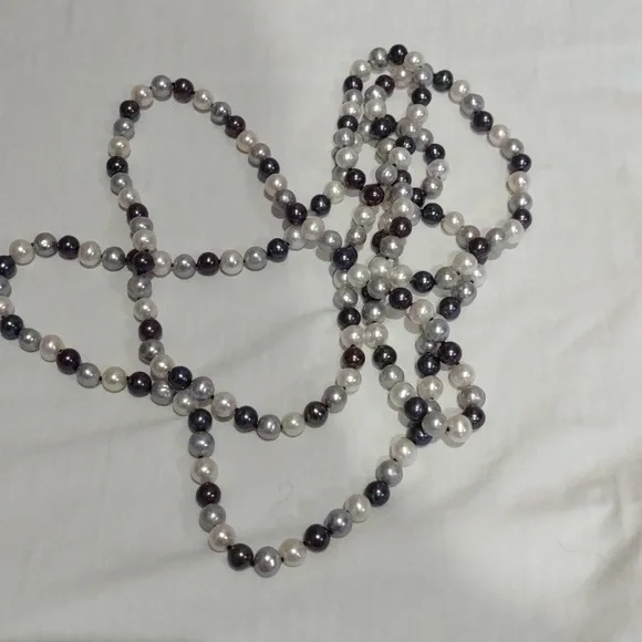 White, Silver, Dark Gray Freshwater Pearl Necklace, Long - Picture 1 of 4